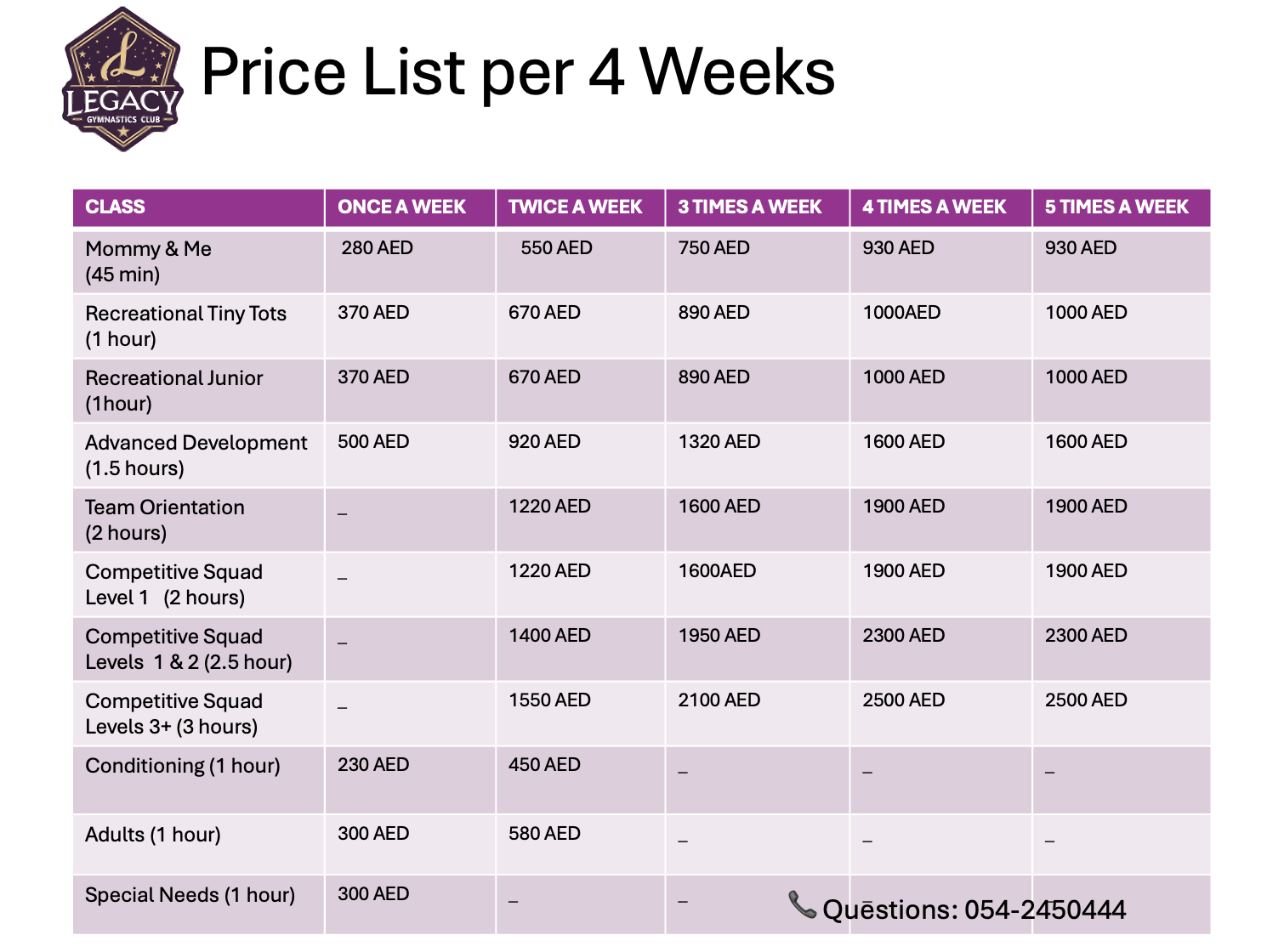 Legacy Gymnastics Club Price List