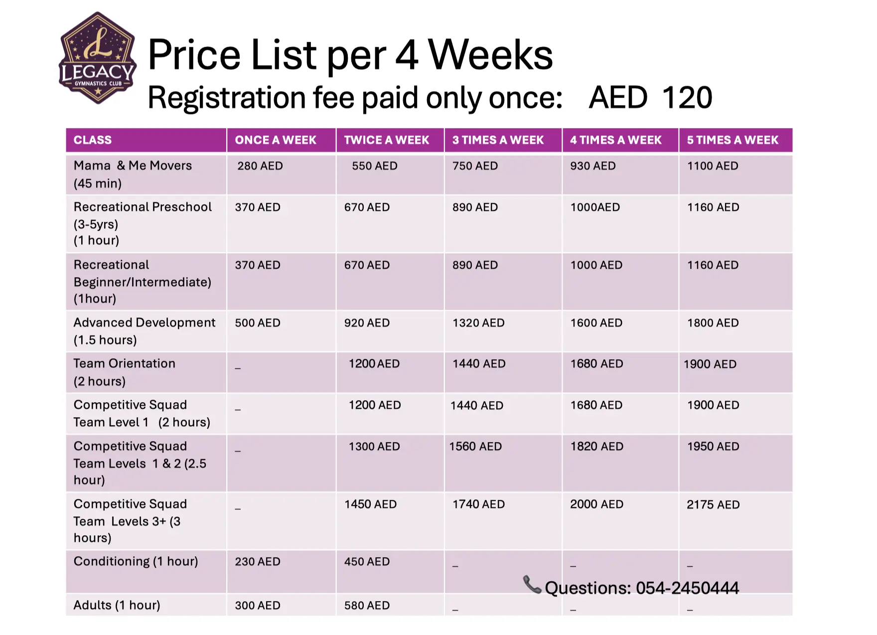 Legacy Gymnastics Club Abu Dhabi gymnastics class pricing and membership fees UAE