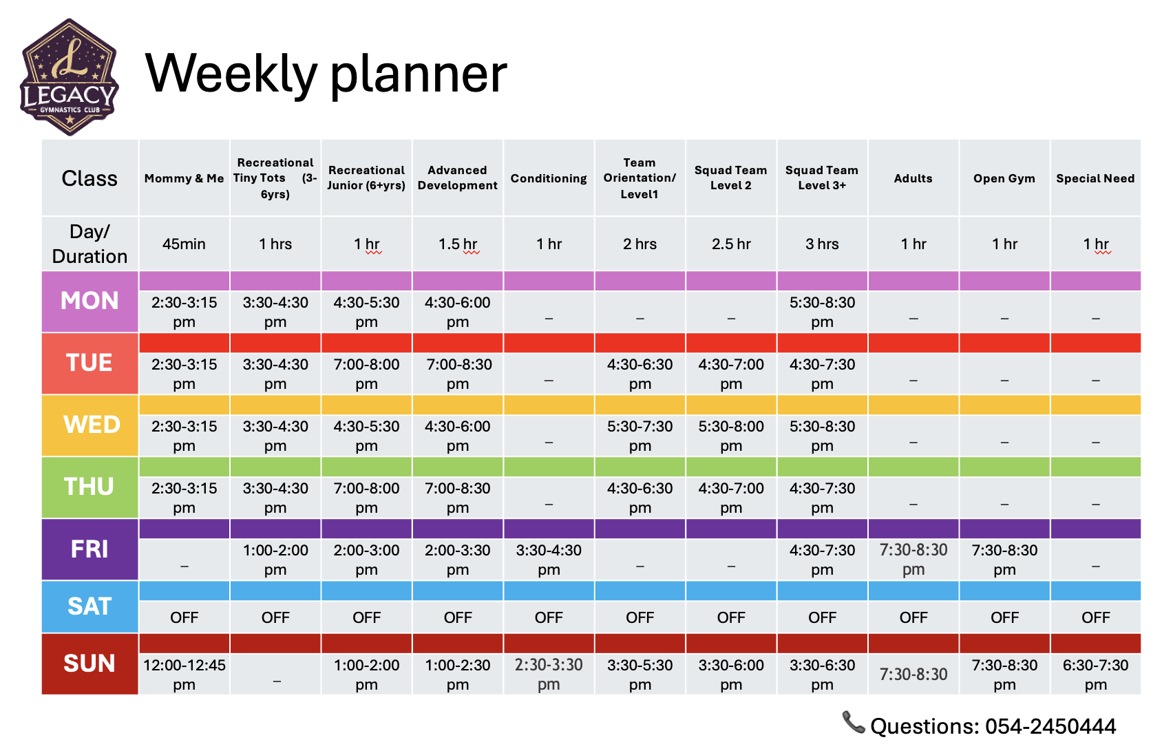 Legacy Gymnastics Club Schedule 2025