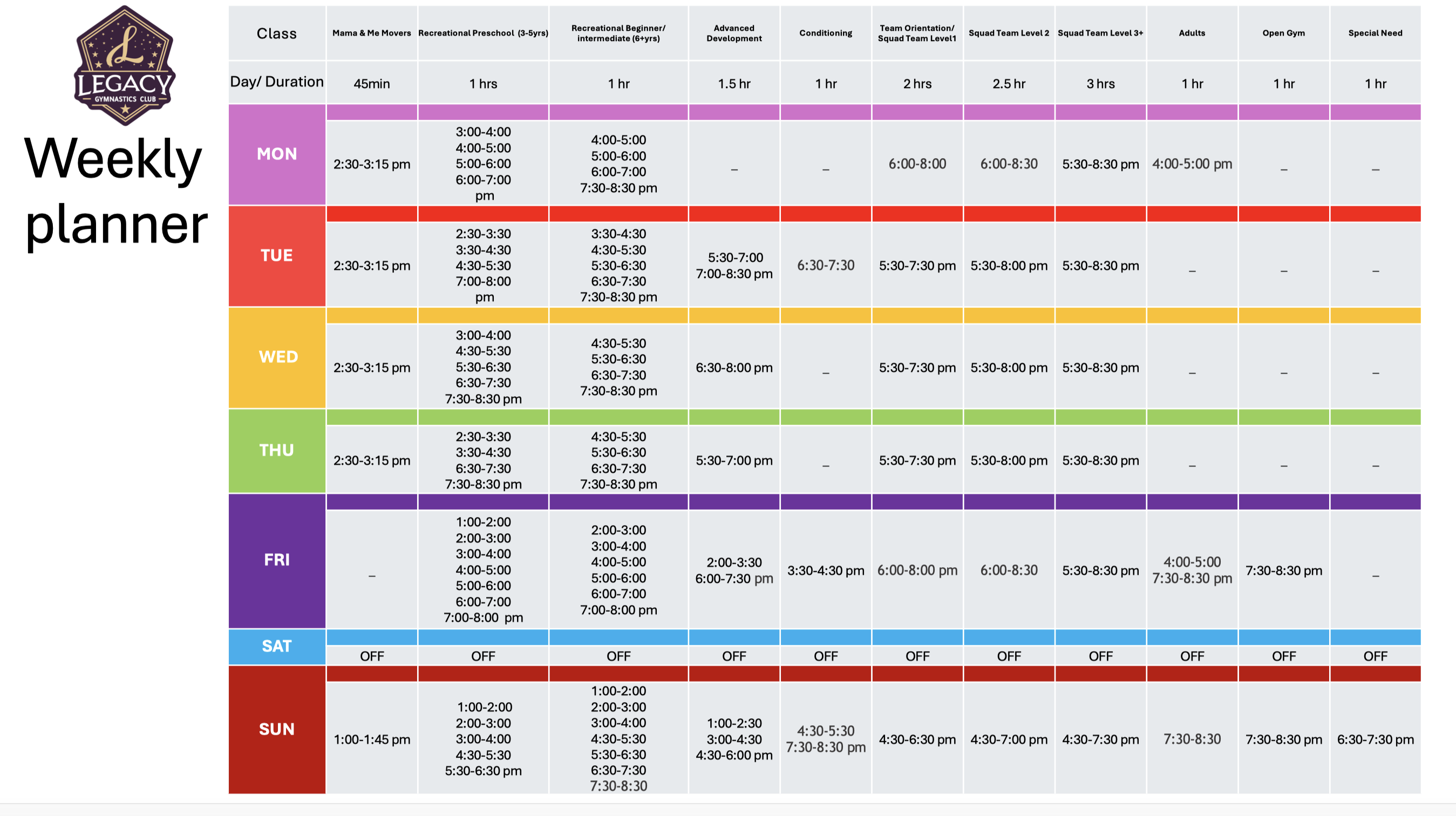 Legacy Gymnastics Club Abu Dhabi 2026 class timetable - gymnastics classes for kids ages 2-18 UAE